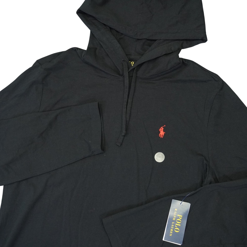 Polo Ralph Lauren Hooded T-Shirt Mens M Black Red Pony Long Sleeve Lightweight